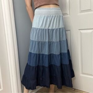Y2K Vintage Skirt Midi Patchwork Blue Color Block Coastal Cowgirl Western Medium